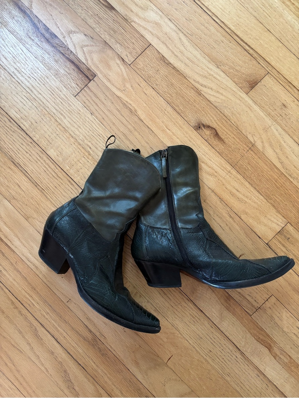 Women's Olive Green Leather Western Ankle Boots